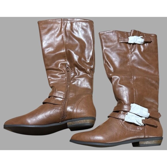 Madden Girl Boots Size 8 Cognac Brown Elsie Riding Style Knee High Buckle Strap - Picture 4 of 9